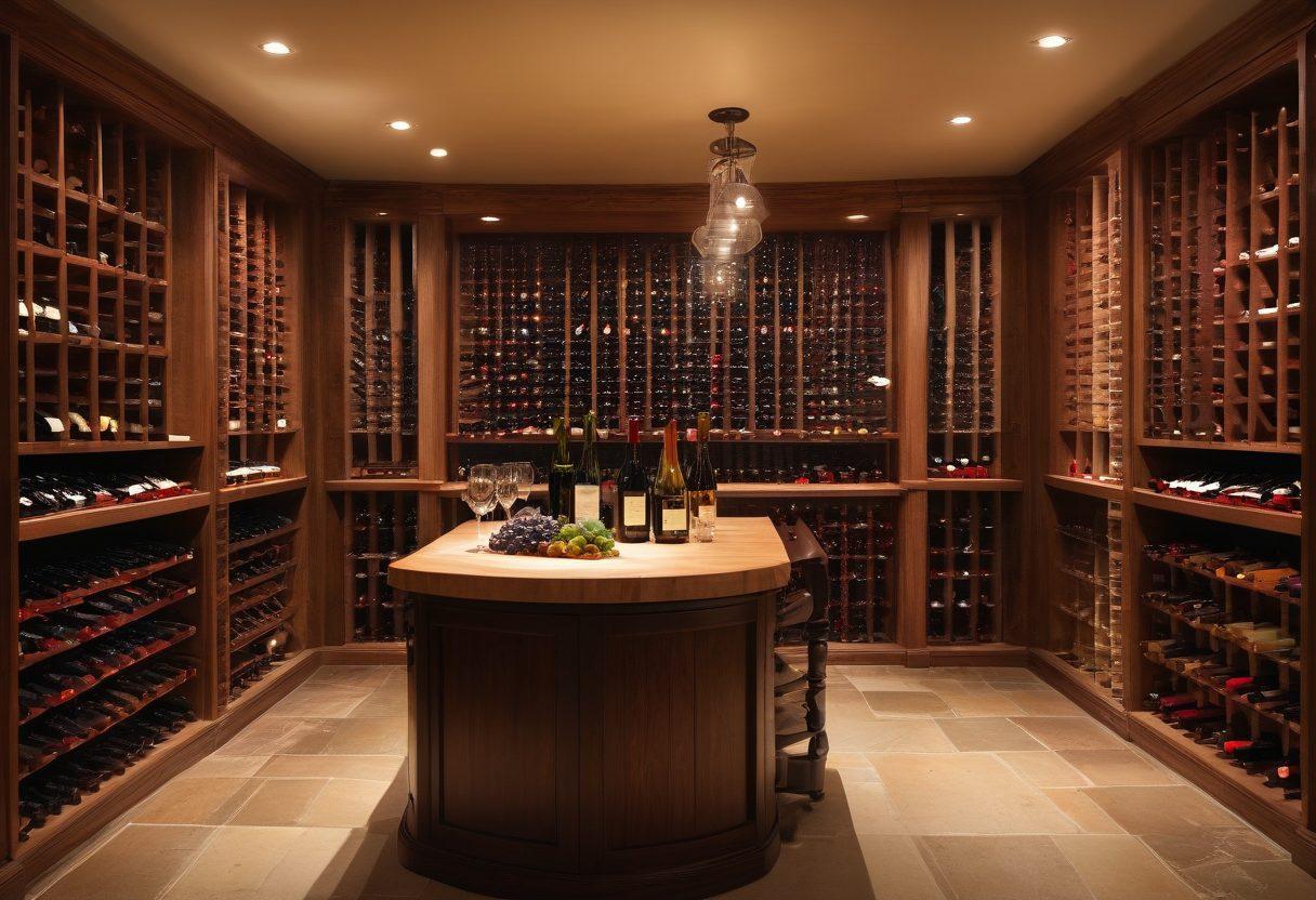 An elegant wine cellar with wooden shelves showcasing an array of fine wine bottles and glasses filled with red, white, and sparkling wine. Include a gourmet cheese platter and fresh fruits placed artfully, evoking a sense of indulgence and sophistication. Soft warm lighting illuminating the scene, with wine tasting notes scattered around. super-realistic. vibrant colors. warm ambiance.