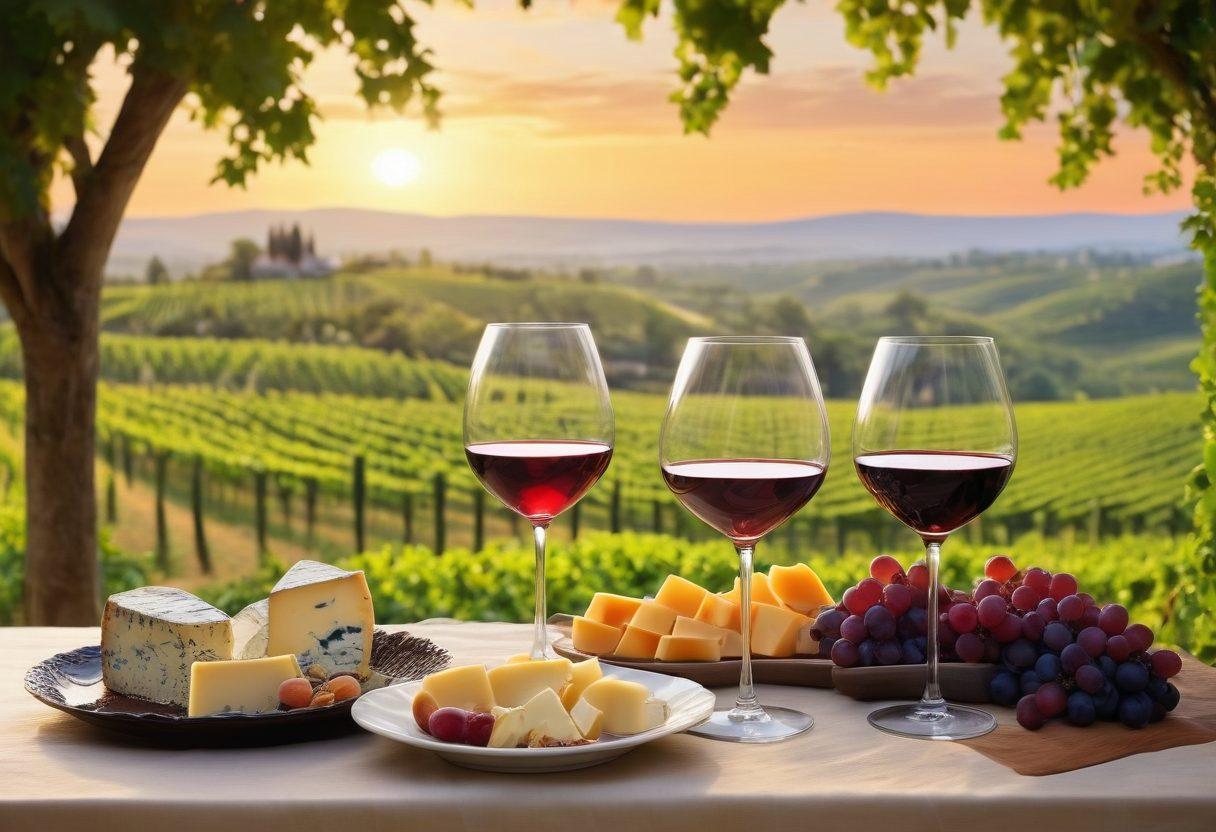 An elegant table set with an array of exquisite wine glasses filled with rich red and crisp white wines, a backdrop of lush vineyards at sunset, showcasing the art of viniculture. Include a sommelier gently swirling a glass and a variety of gourmet cheeses and fruits elegantly arranged nearby. The atmosphere should be warm and inviting, evoking a sense of wine mastery and sophistication. vibrant colors. painting.