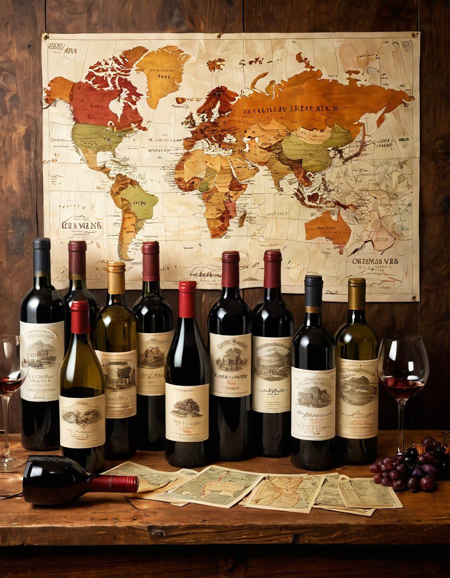 A beautifully arranged wooden table with an array of vintage wine bottles, each showcasing unique labels and rich colors. Surrounding the bottles are elegant wine glasses, a corkscrew, and a vintage map background, hinting at wine origins. Soft, warm lighting highlights the textures of the wood and glass, creating an inviting atmosphere. The image should evoke a sense of nostalgia and sophistication, perfect for wine enthusiasts. super-realistic. warm color palette. vintage style.